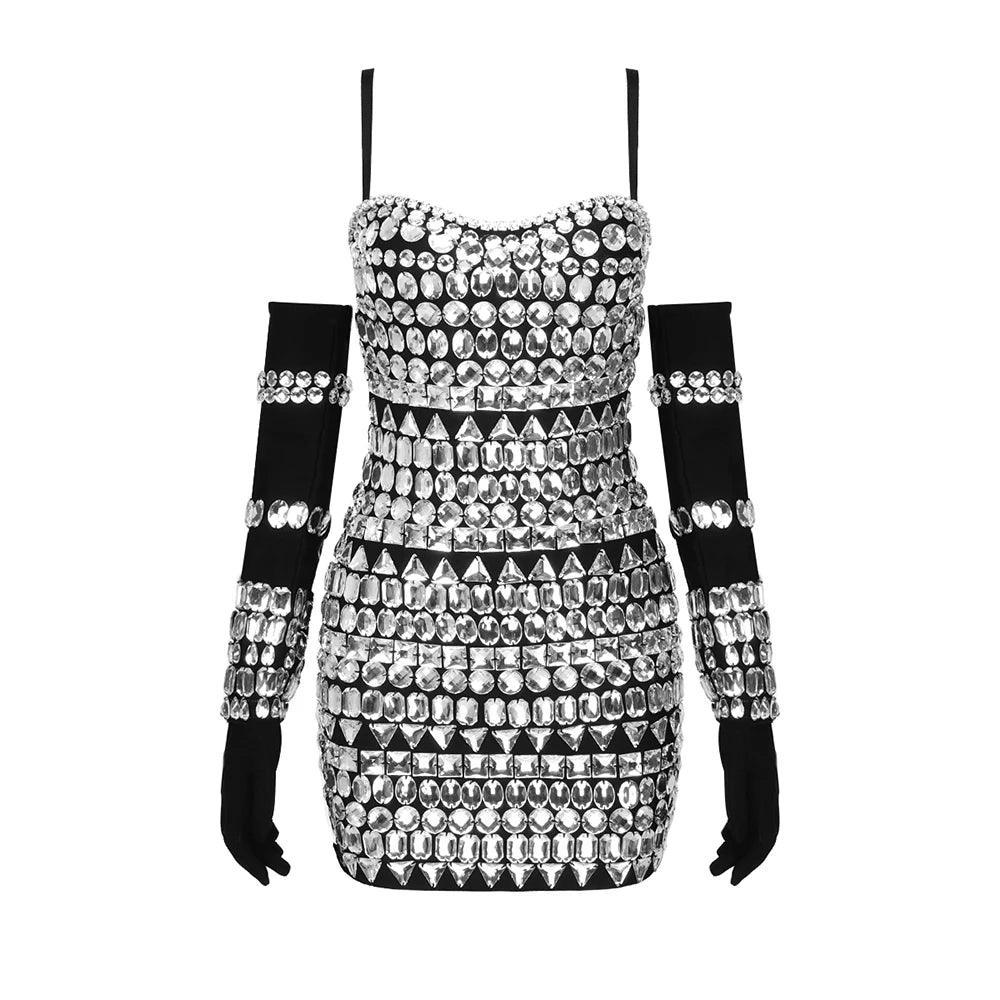 Diamond Mini Dress With Gloves - Sparkling Black Partywear Diamond Mini Dress With Gloves - Sparkling Black Partywear