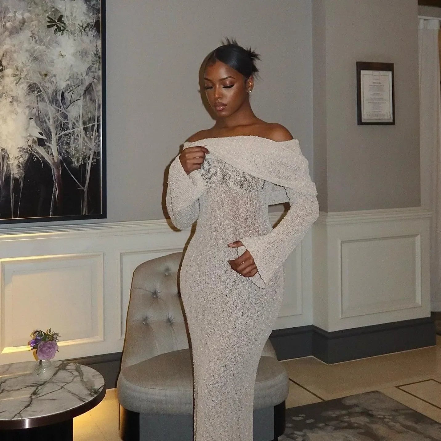 Champagne Off-Shoulder Maxi Dress - Elegant Evening Wear L Champagne Off-Shoulder Maxi Dress - Elegant Evening Wear L
