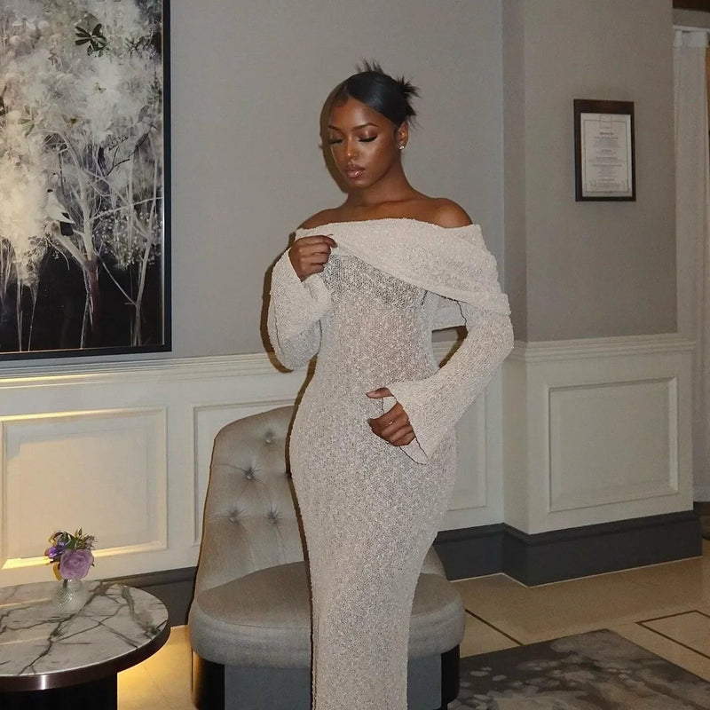 Champagne Off-Shoulder Maxi Dress - Elegant Evening Wear L