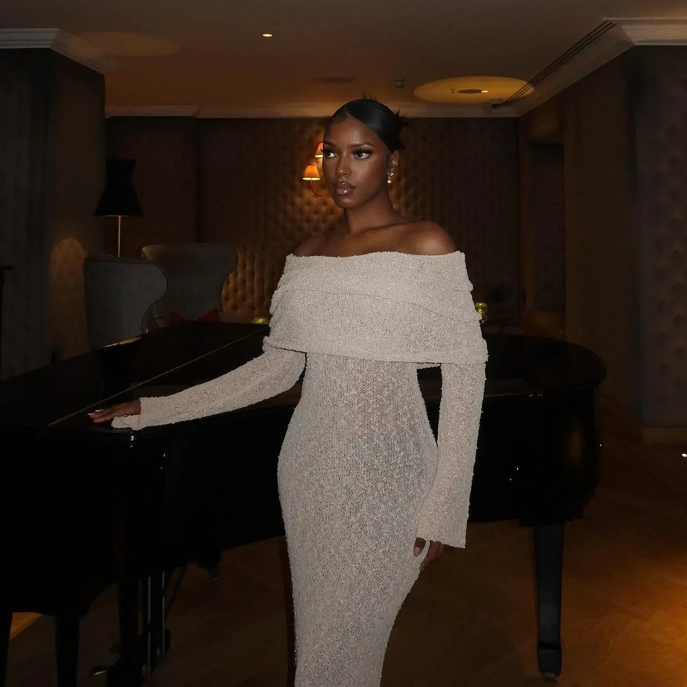 Champagne Off-Shoulder Maxi Dress - Elegant Evening Wear Champagne Off-Shoulder Maxi Dress - Elegant Evening Wear