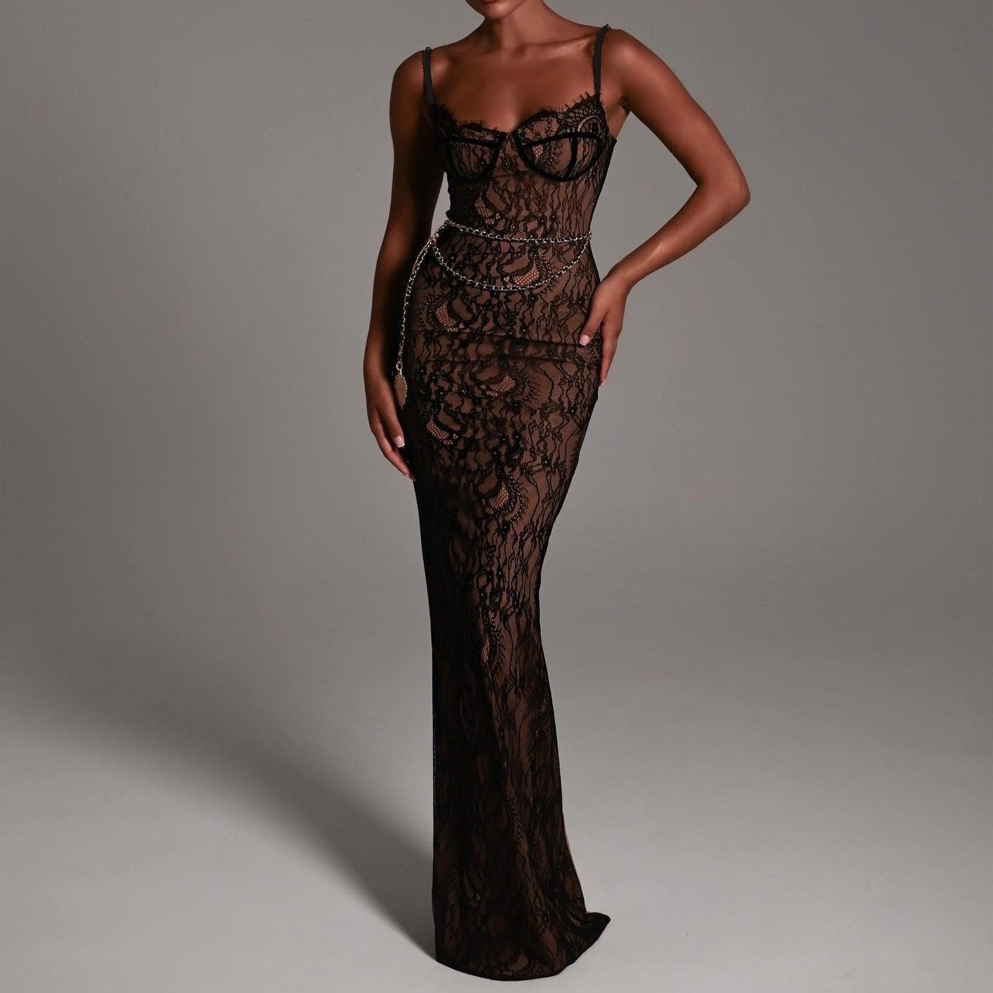 Lovely Lace Chain Belt Maxi Dress - Black / S - Mermaid Way