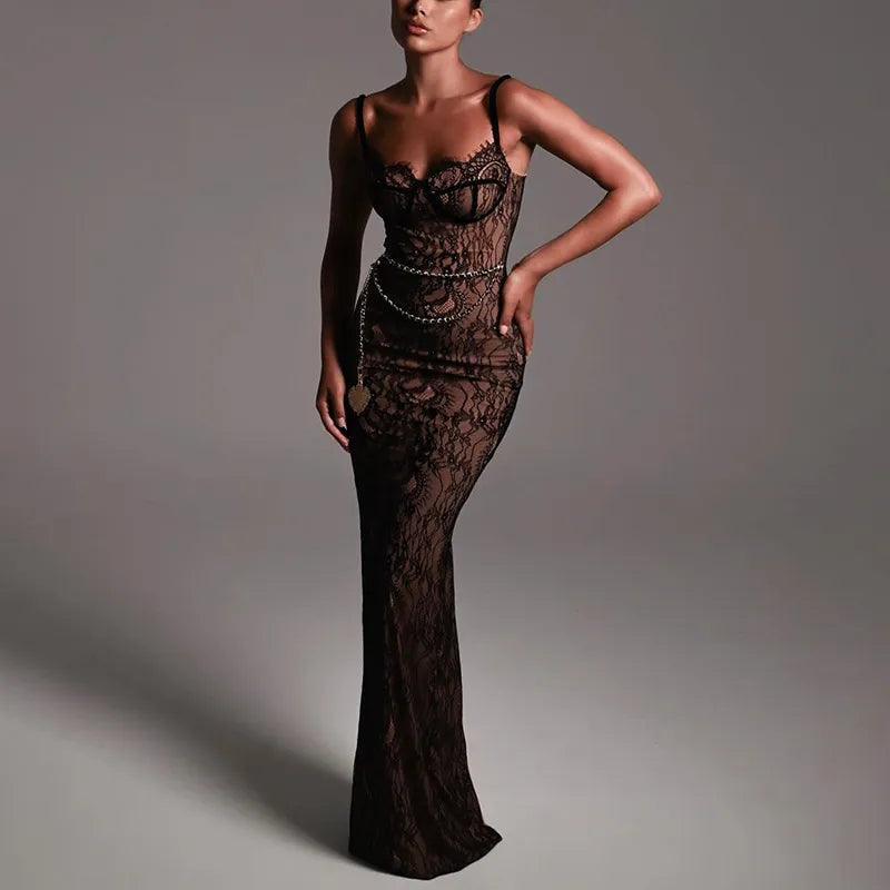 Lovely Lace Chain Belt Maxi Dress - Black / S - Mermaid Way