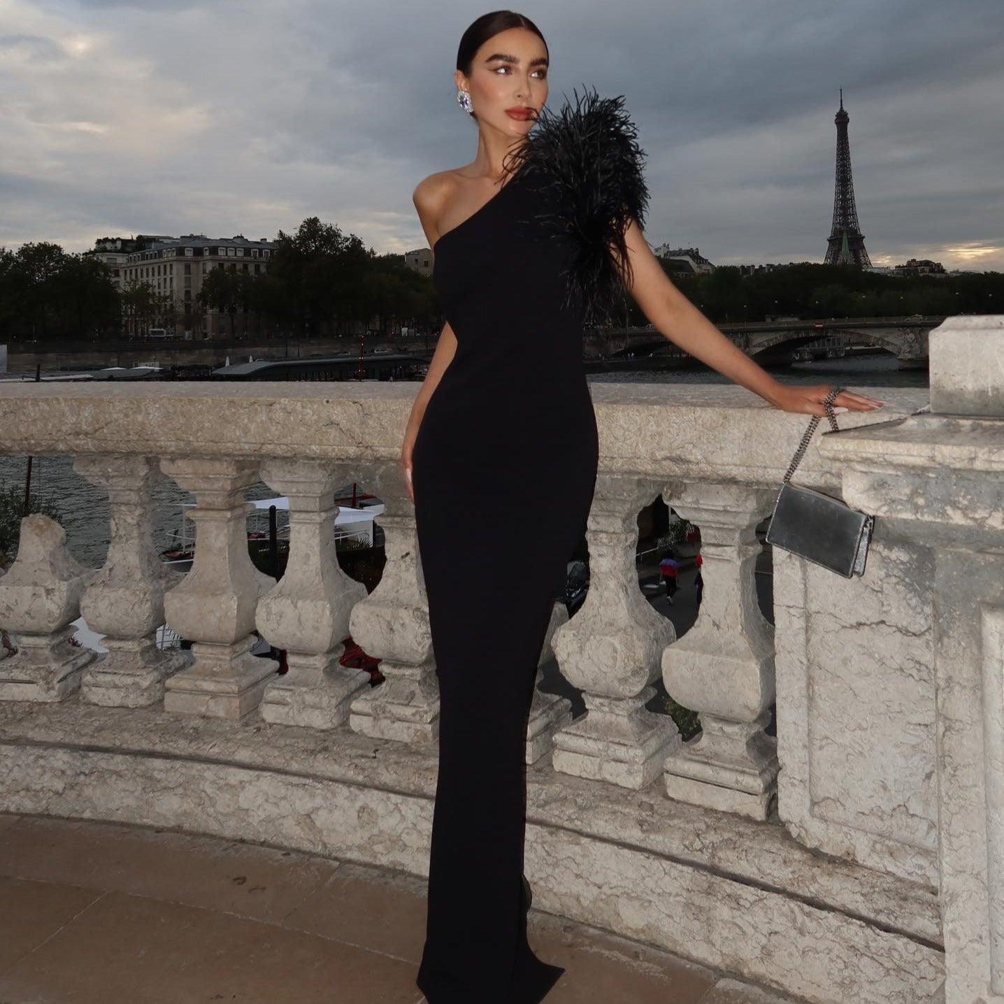 Mademoiselle Elegant One Shoulder Feather Maxi Dress Mermaid Way, Black / L Mademoiselle Elegant One Shoulder Feather Maxi Dress Mermaid Way, Black / L