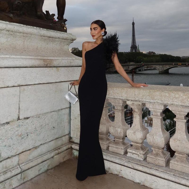 grand beauty black ruffled one shoulder mermaid maxi dress Feather Size:15