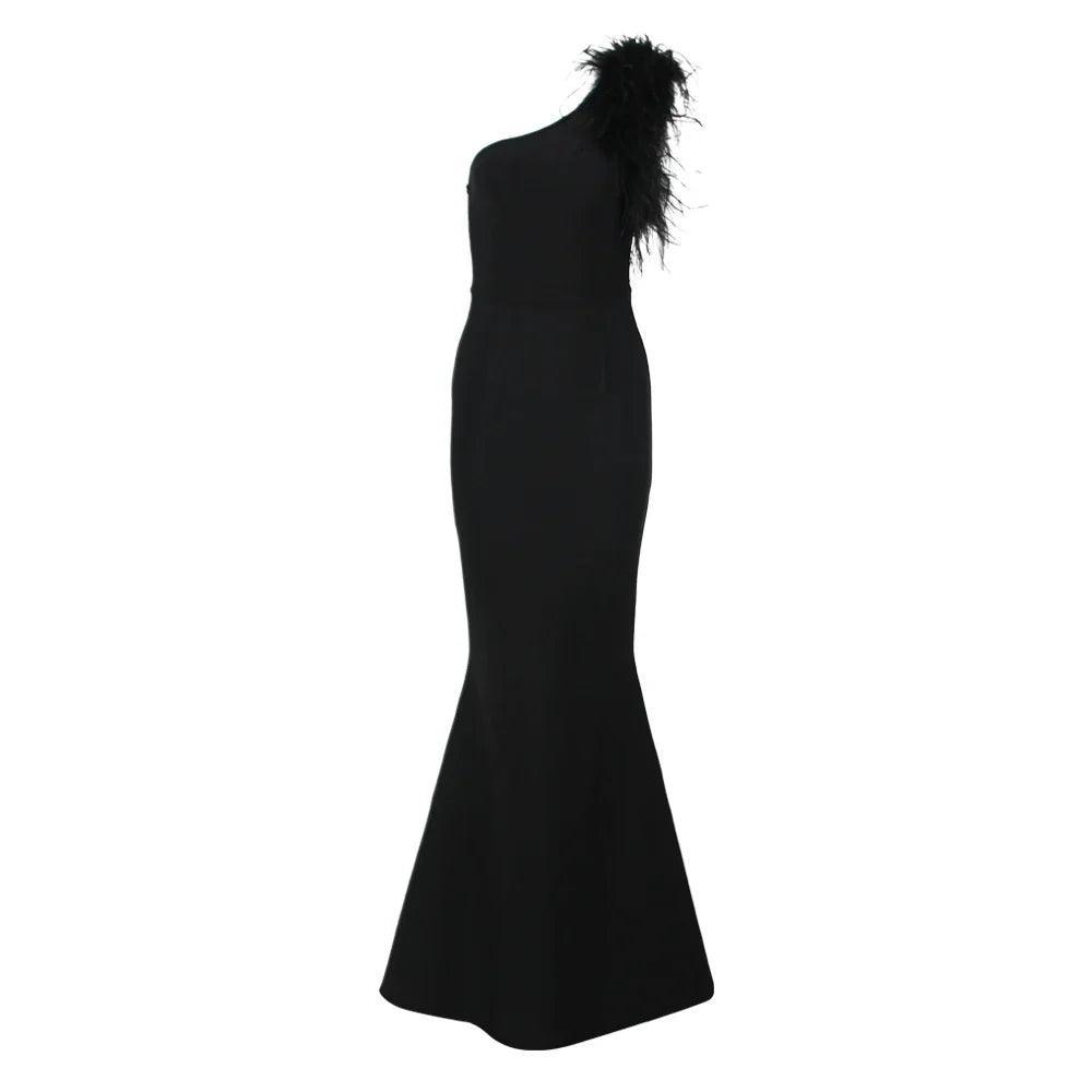 One Shoulder Feather Maxi Dress - Black Evening Gown One Shoulder Feather Maxi Dress - Black Evening Gown