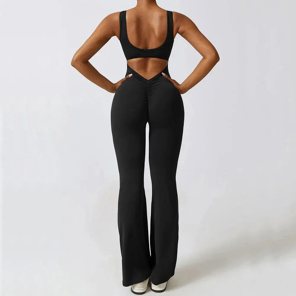 black cut-out jumpsuit with ruched detailing, evening style