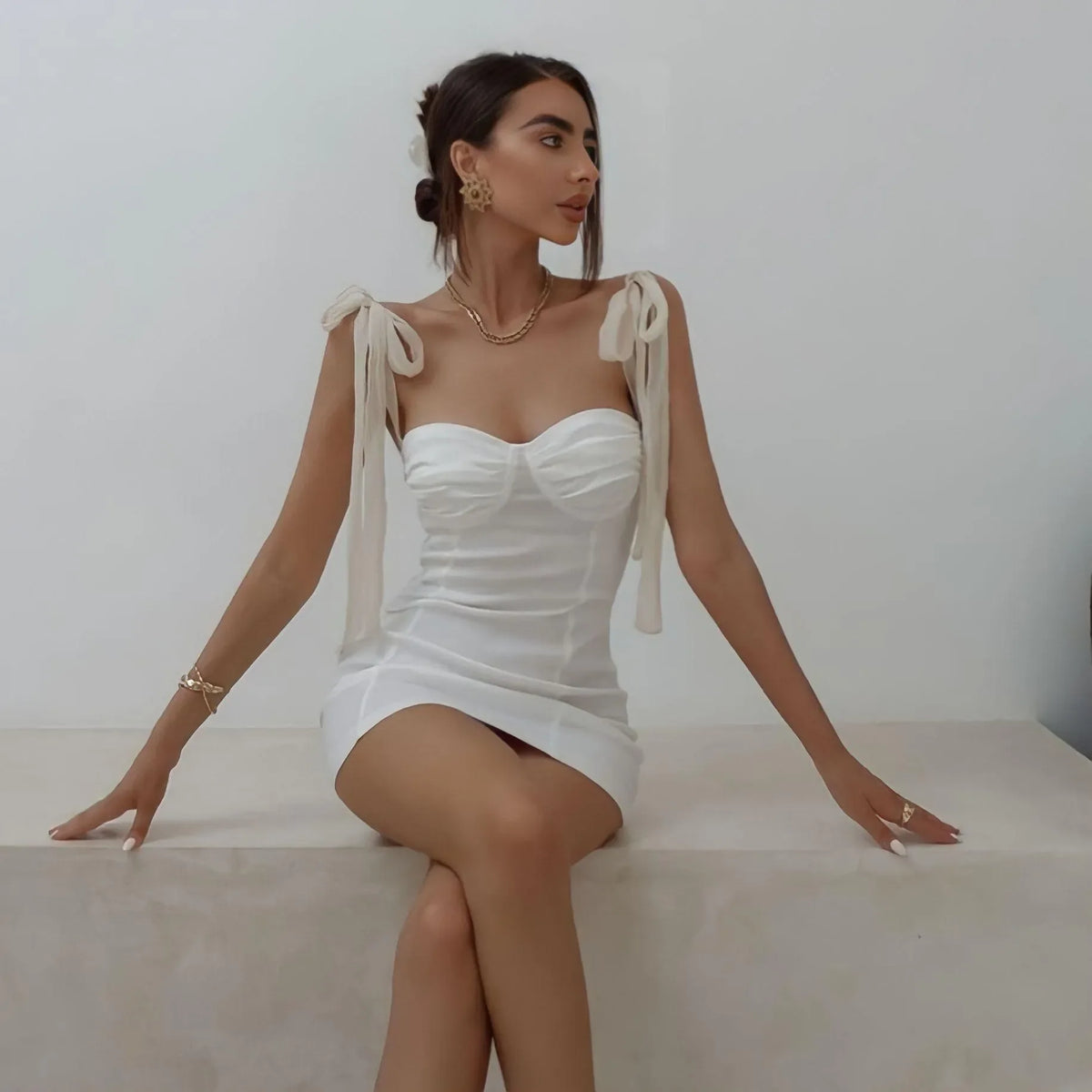 Malibu Ribbon Tie Up Corset Dress in White