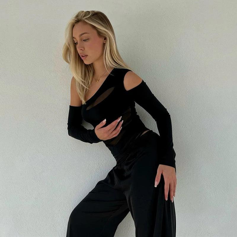 black mesh one-shoulder top with cutouts, evening look