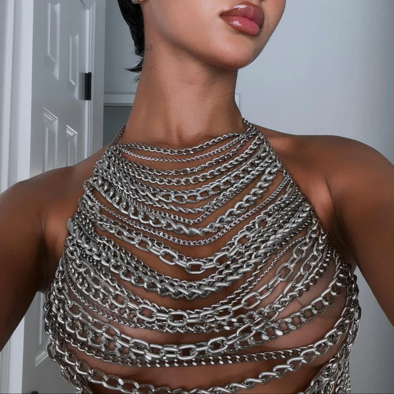 chain halter top with layered design