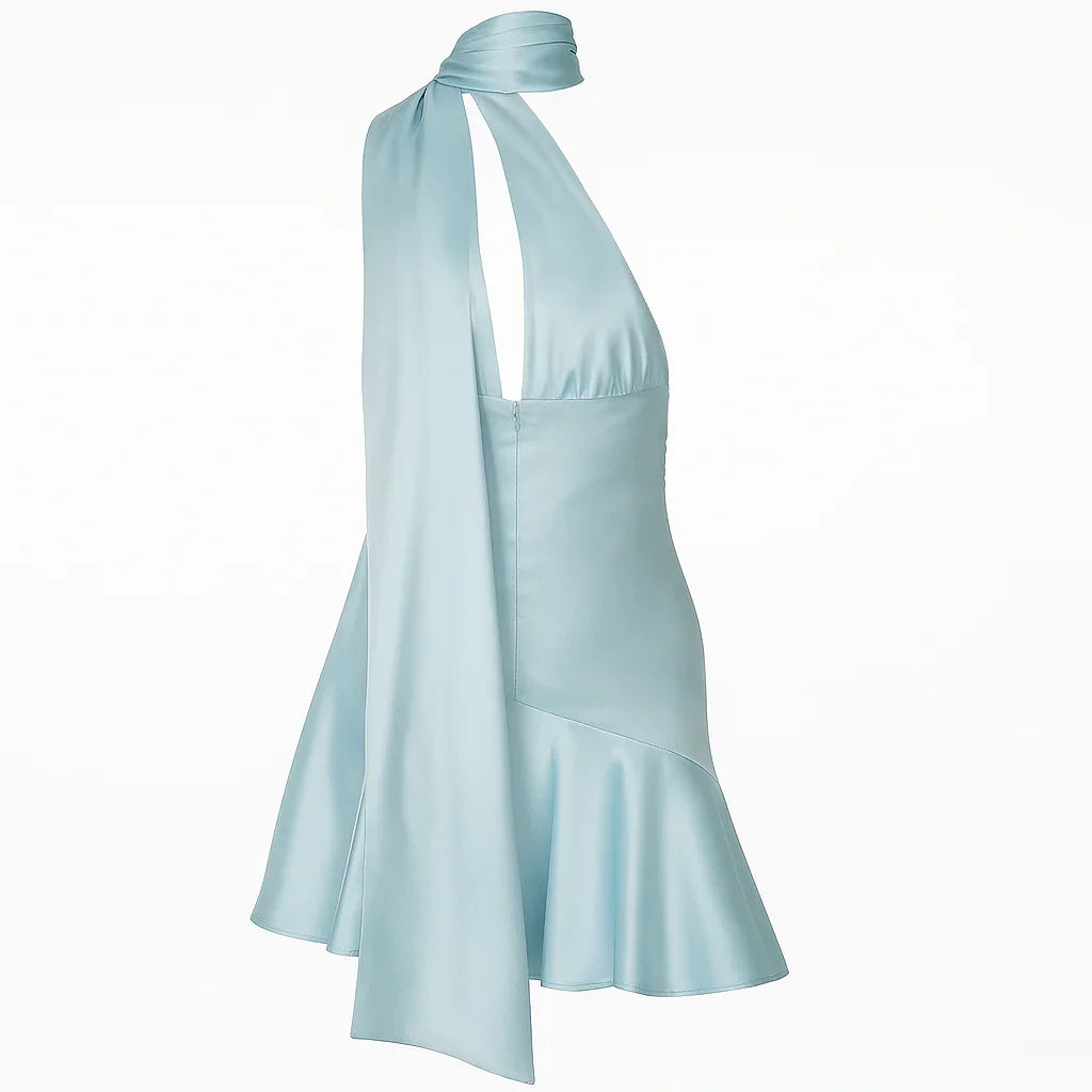 Meira Satin Scarf-Neck Mini Dress Mermaid Way Light Blue / L Meira Satin Scarf-Neck Mini Dress Mermaid Way Light Blue / L