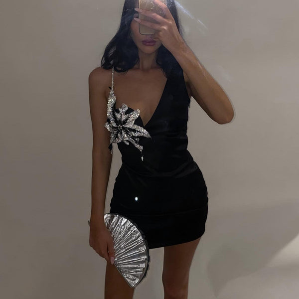 cut me in one shoulder mini dress Miss Me One-Shoulder Crystal Mini Dress in Black