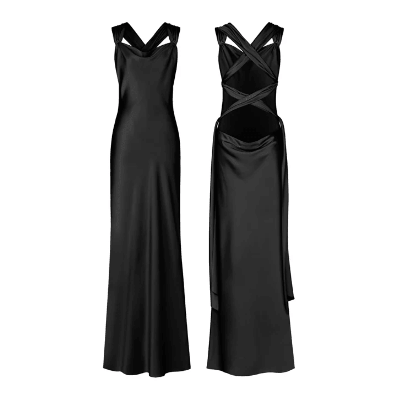 Sleek black satin maxi dress with crisscross straps, featuring a fitted silhouette and elegant floor-length design.
