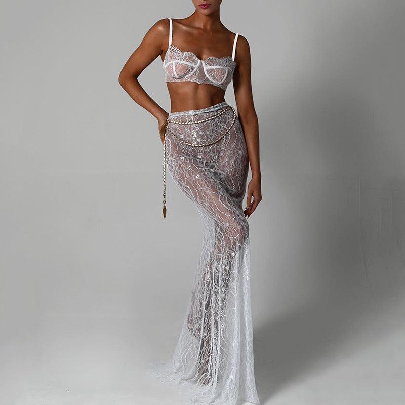 Mon Ami White Lace Maxi Skirt Set - Romantic, Elegant Look