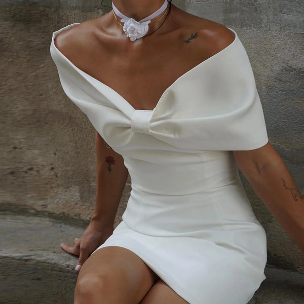 Mona White Off Shoulder Bow Mini Dress