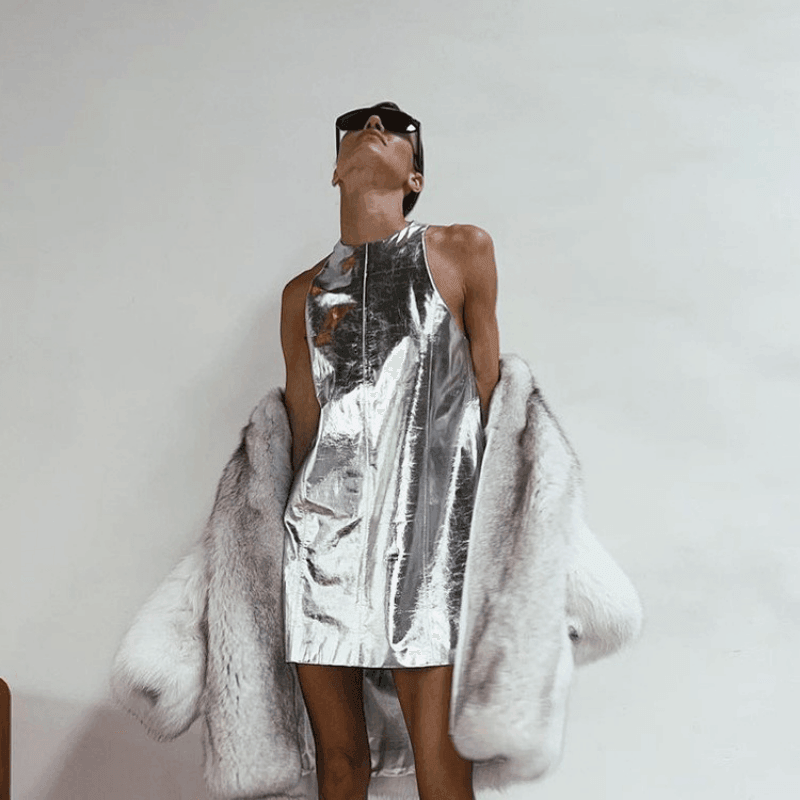 Moonstone Foiled Faux Leather Mini Dress Mermaid Way, Silver / S Moonstone Foiled Faux Leather Mini Dress Mermaid Way, Silver / S