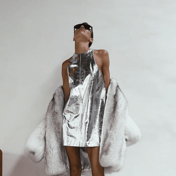 silver leather dress Moonstone Foiled Faux Leather Mini Dress ‍ ️Mermaid Way, Silver / S