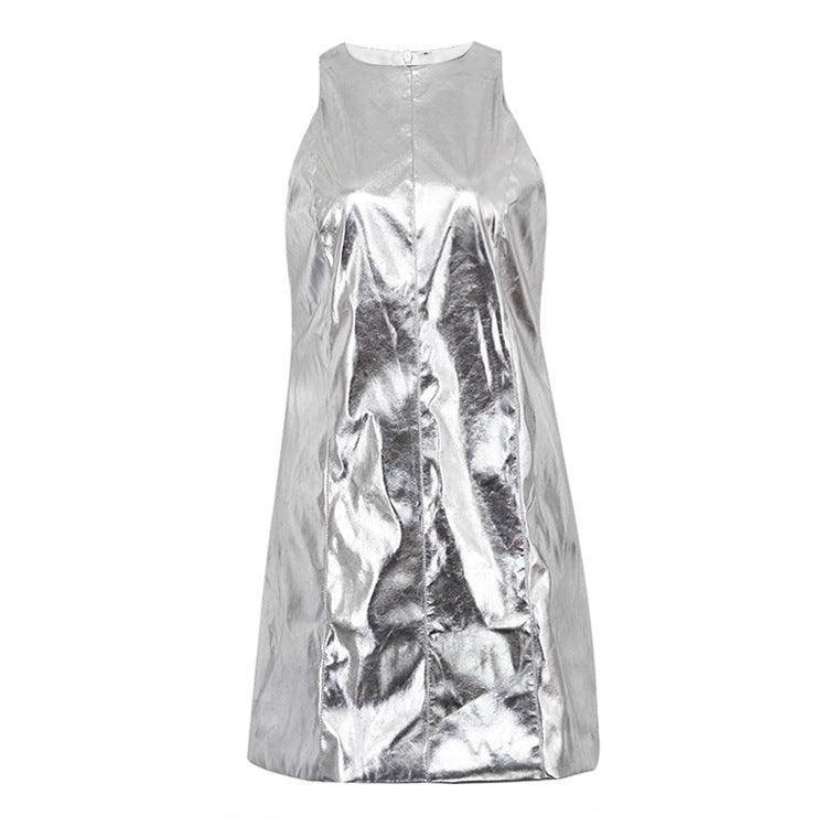 Moonstone Foiled Faux Leather Mini Dress Mermaid Way, Silver / S Moonstone Foiled Faux Leather Mini Dress Mermaid Way, Silver / S