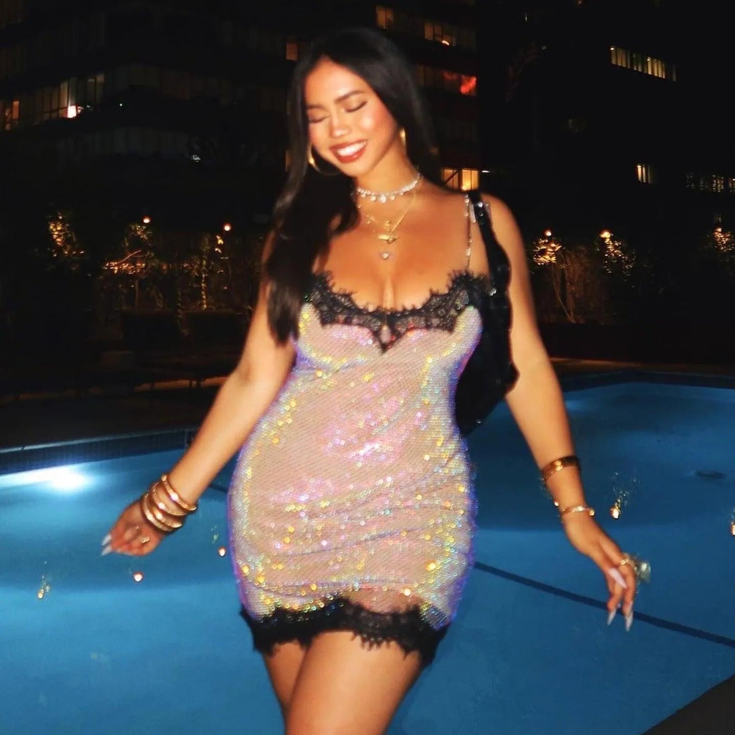Moonwalk Mesh Rhinestone Lace Mini Dress - Beige / S - Mermaid Way