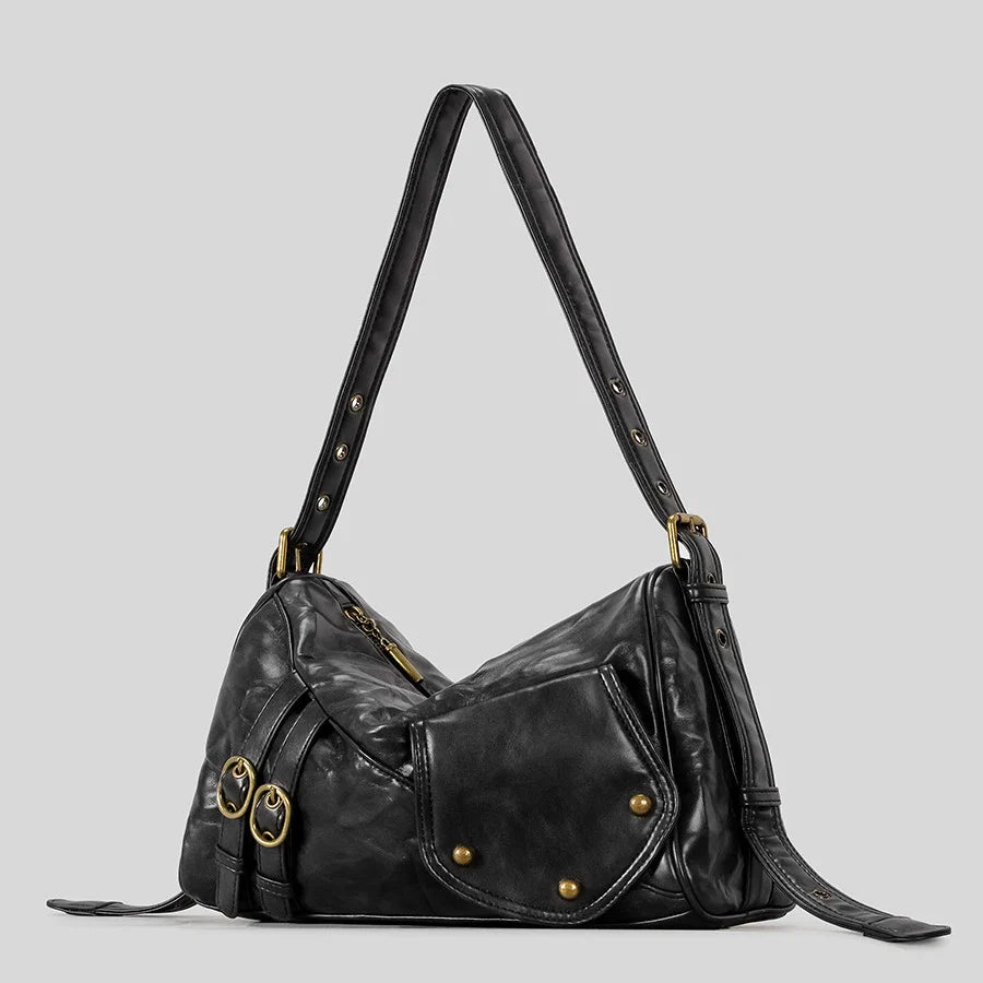 black leather slouchy shoulder bag with gold hardware
