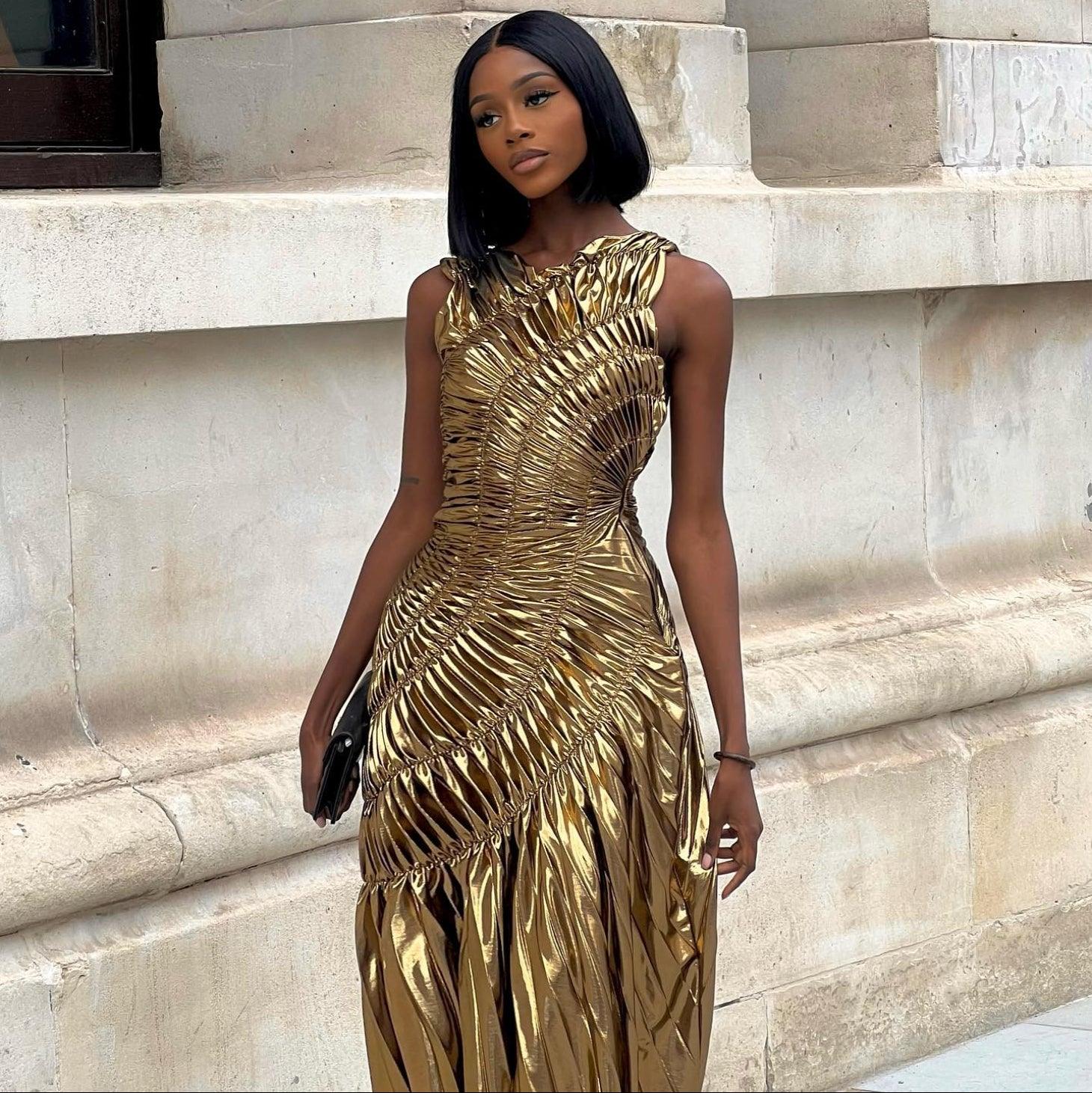 Gold Metallic Pleated Maxi Dress - New Era Statement Gown Gold Metallic Pleated Maxi Dress - New Era Statement Gown