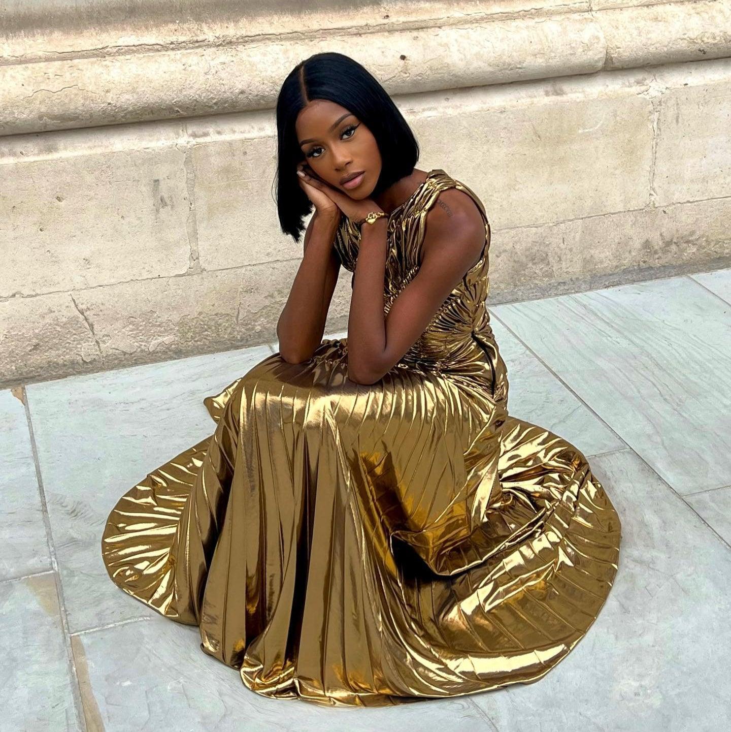 Gold Metallic Pleated Maxi Dress - New Era Statement Gown Gold Metallic Pleated Maxi Dress - New Era Statement Gown
