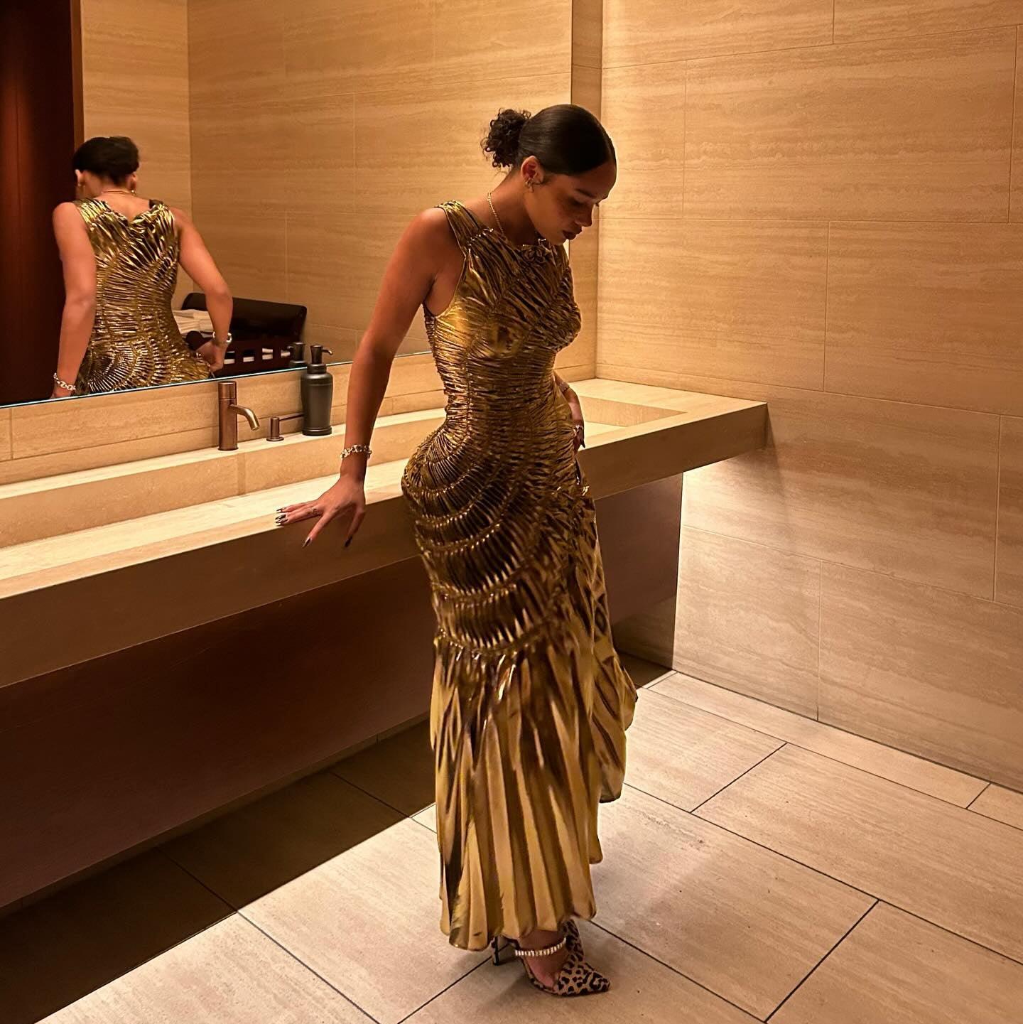 Gold Metallic Pleated Maxi Dress - New Era Statement Gown Gold Metallic Pleated Maxi Dress - New Era Statement Gown
