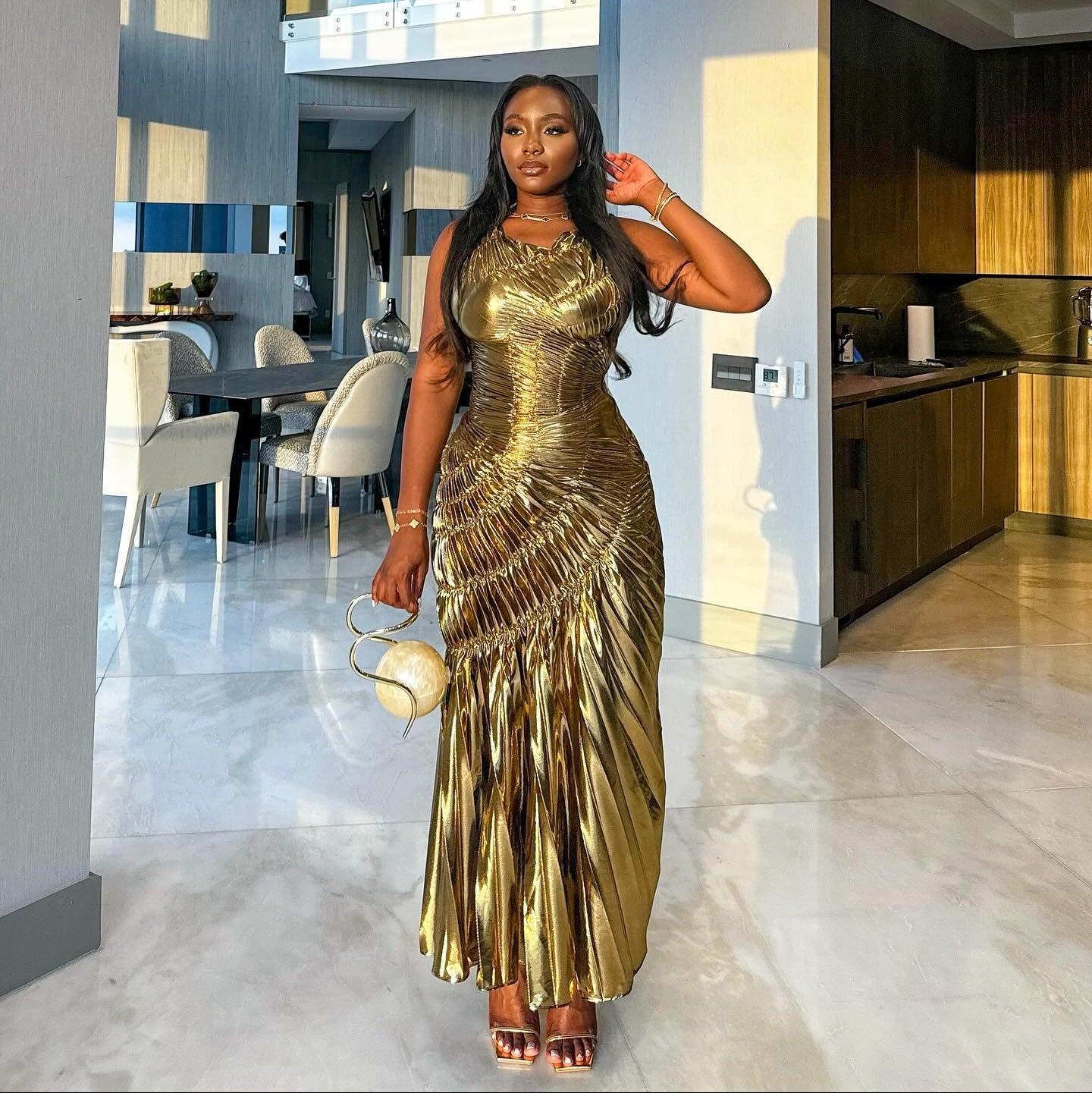 Gold Metallic Pleated Maxi Dress - New Era Statement Gown Gold Metallic Pleated Maxi Dress - New Era Statement Gown
