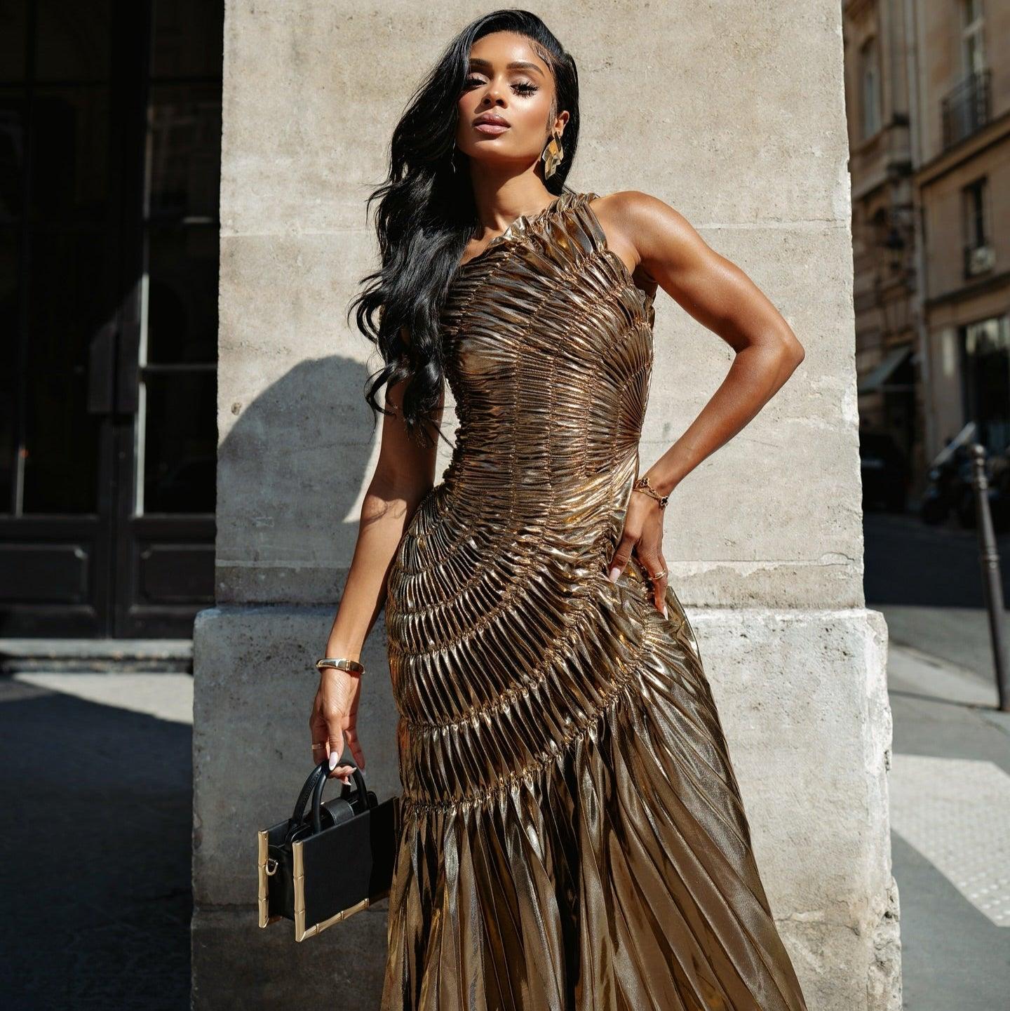 Gold Metallic Pleated Maxi Dress - New Era Statement Gown Gold Metallic Pleated Maxi Dress - New Era Statement Gown