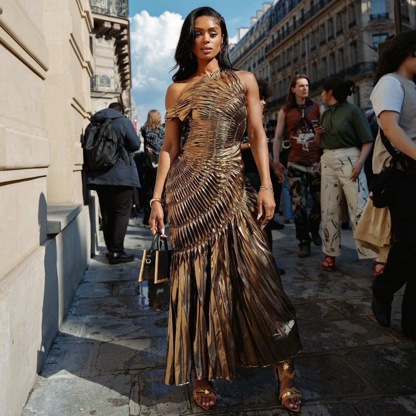 Gold Metallic Pleated Maxi Dress - New Era Statement Gown Gold Metallic Pleated Maxi Dress - New Era Statement Gown