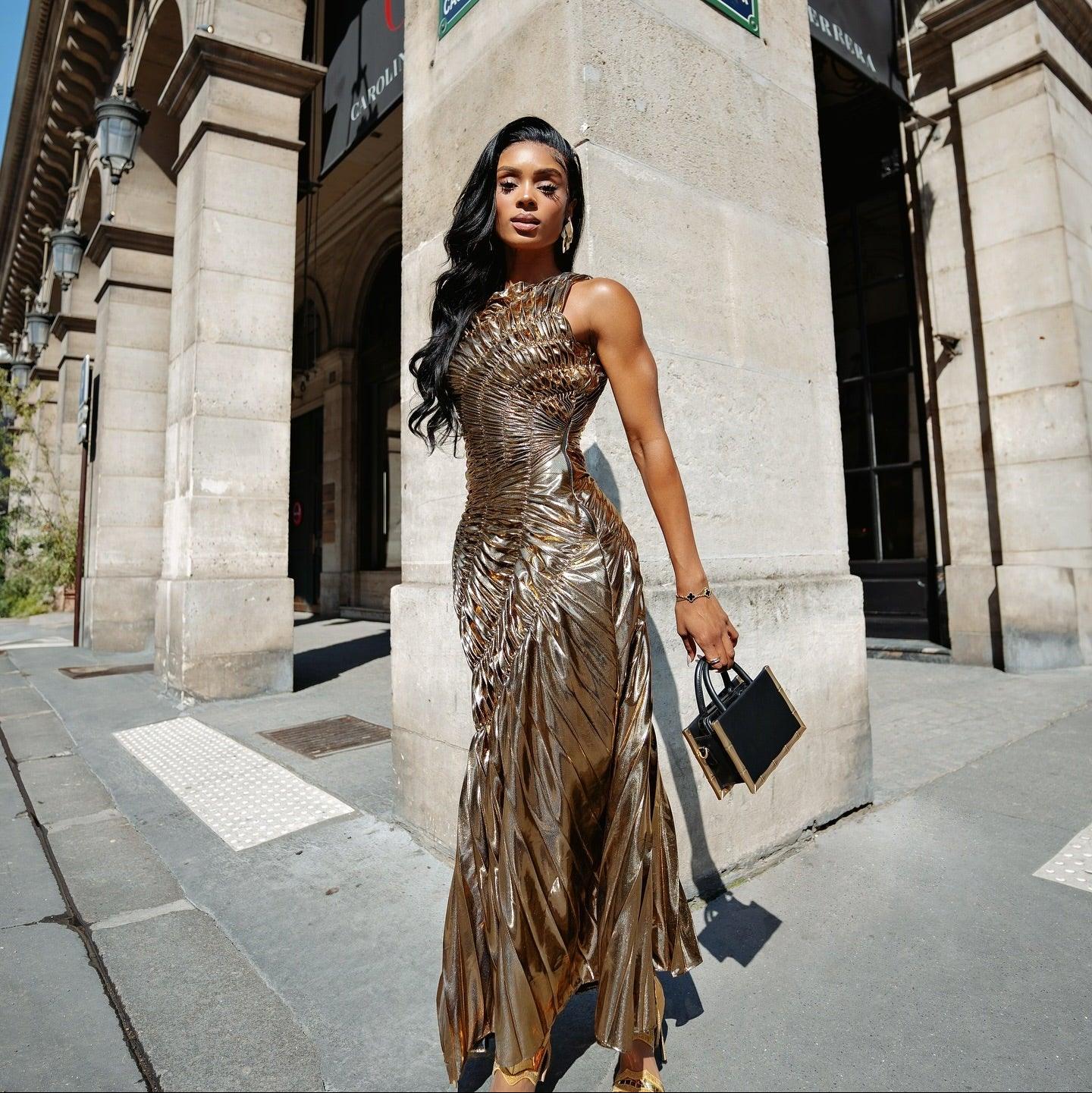 Gold Metallic Pleated Maxi Dress - New Era Statement Gown Gold Metallic Pleated Maxi Dress - New Era Statement Gown