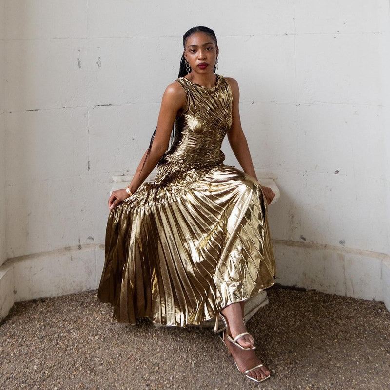 Gold Metallic Pleated Maxi Dress