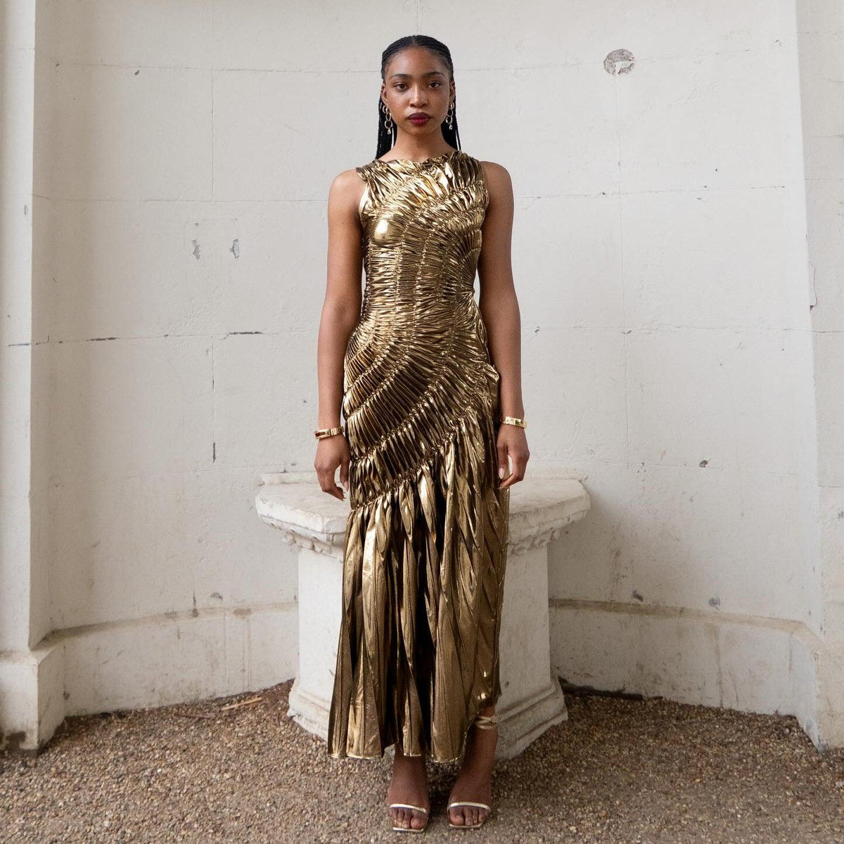 Gold Metallic Pleated Maxi Dress - New Era Statement Gown