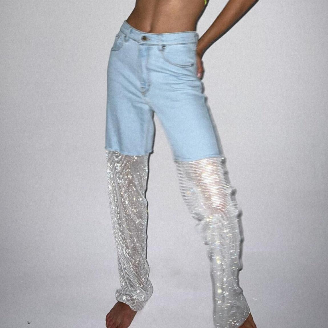 Night Moves Crystal Mesh Wide Leg Jeans - Light Blue / S - Mermaid Way