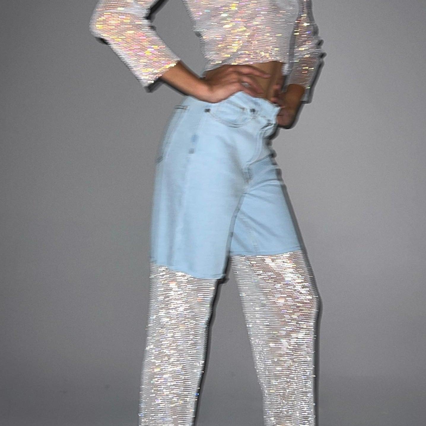 Night Moves Crystal Mesh Wide Leg Jeans - Light Blue / S - Mermaid Way