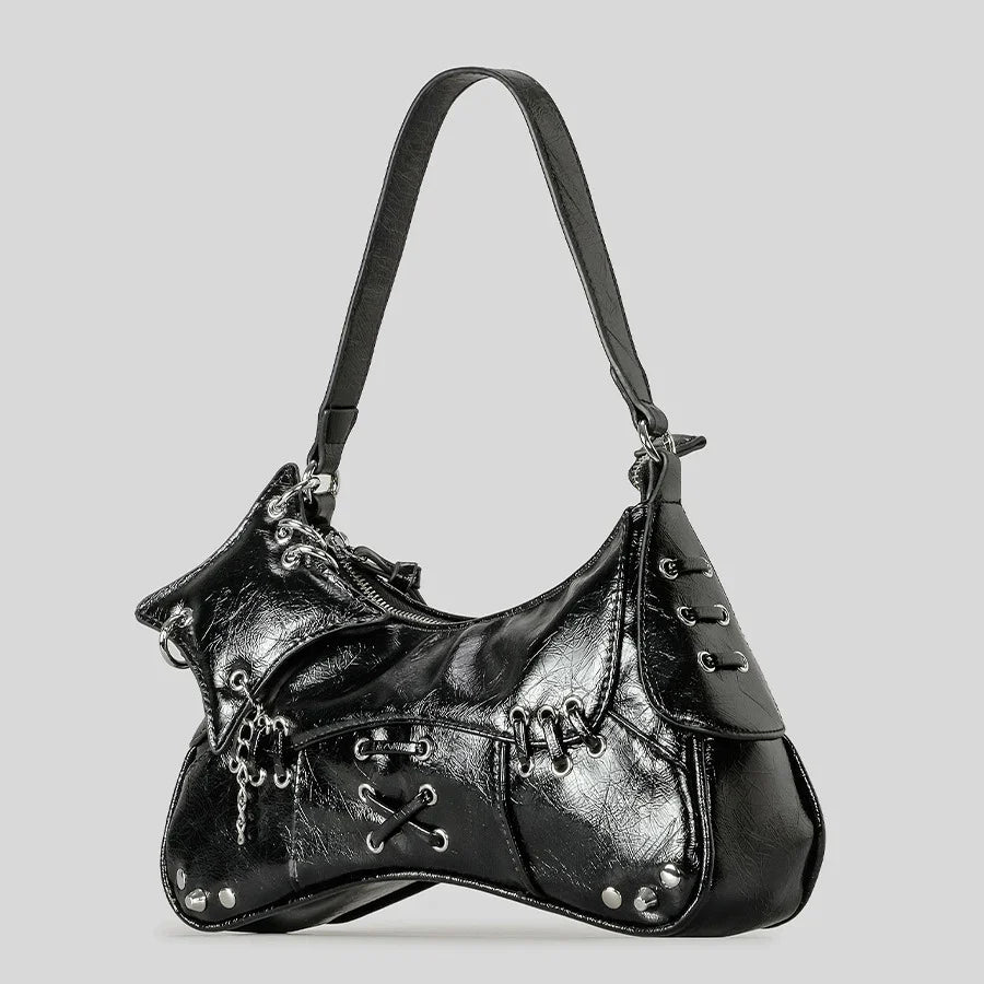 black leather handbag with lace-up detailing, edgy style