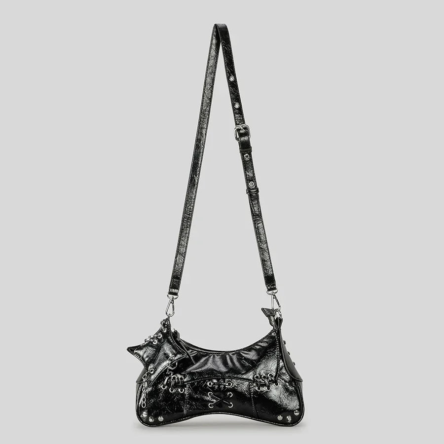 black leather crossbody bag with lace-up details