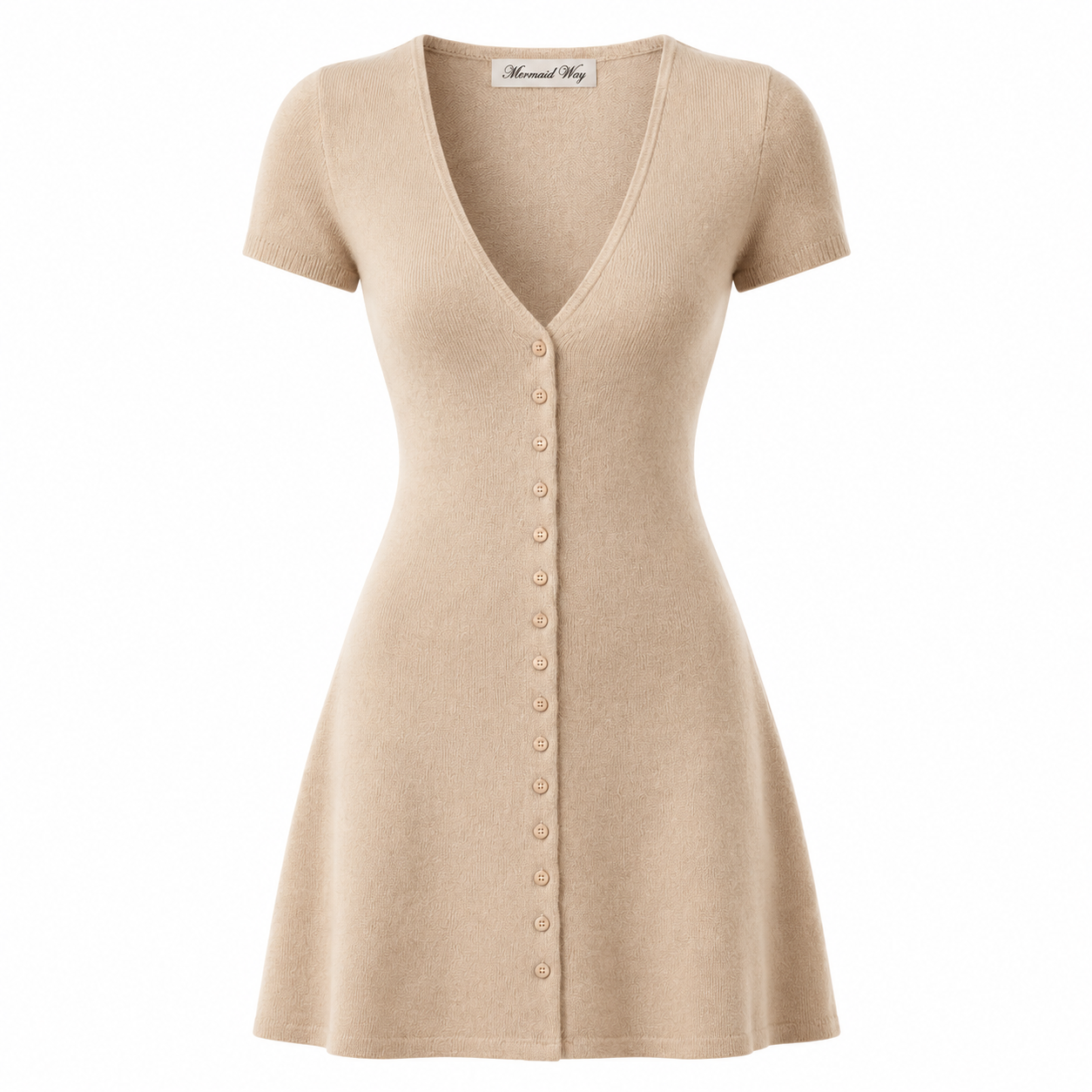 A beige short-sleeve V-neck knit dress with a button-down front, shown on a plain white background.