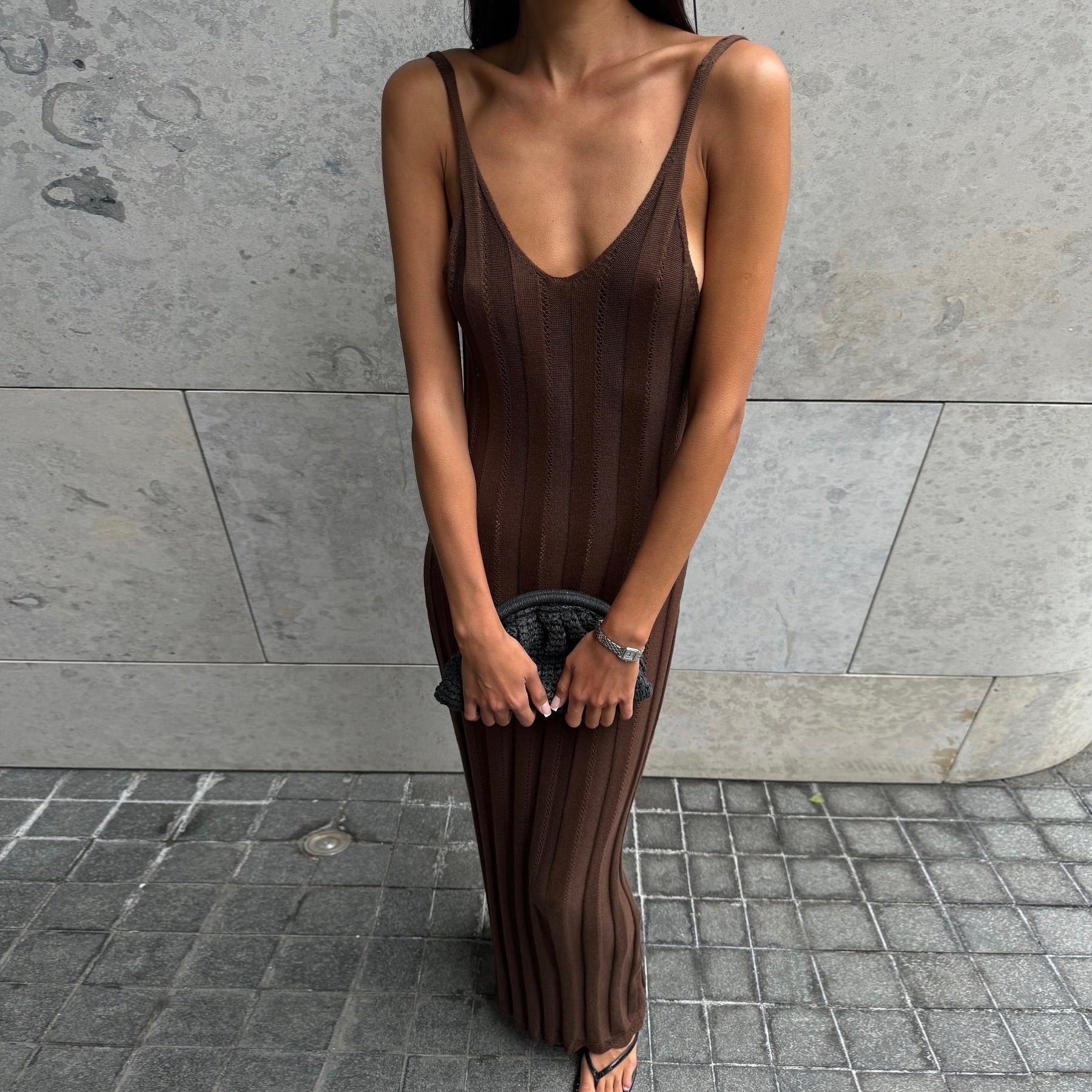 Nyx Knitted Backless Maxi Dress - Brown / S - Mermaid Way