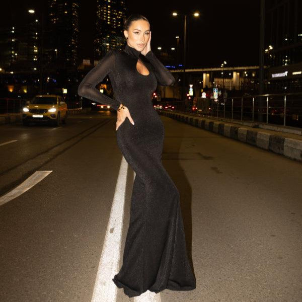 Black mesh evening gown with keyhole detail.