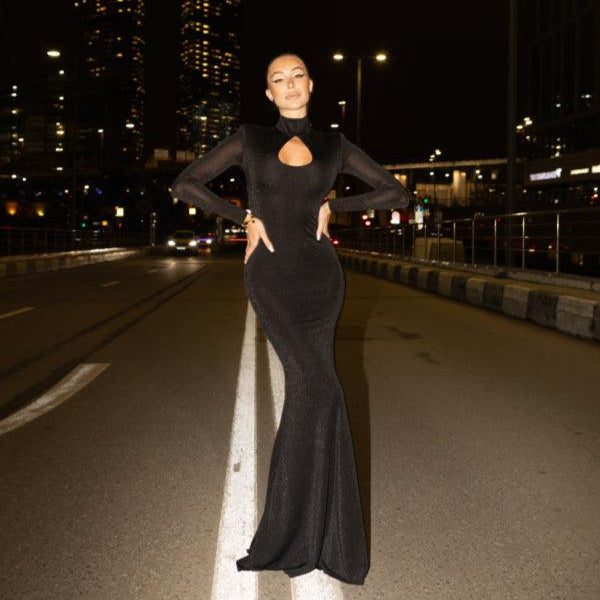 black long-sleeve bodycon gown with chest cutout, evening wear