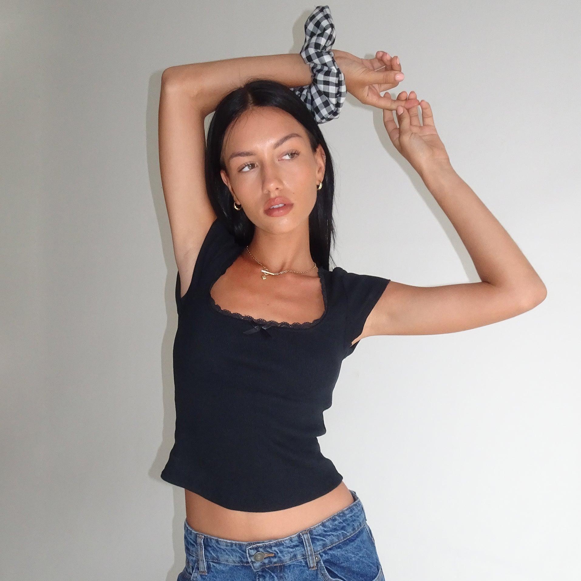 black ribbed top with lace trim