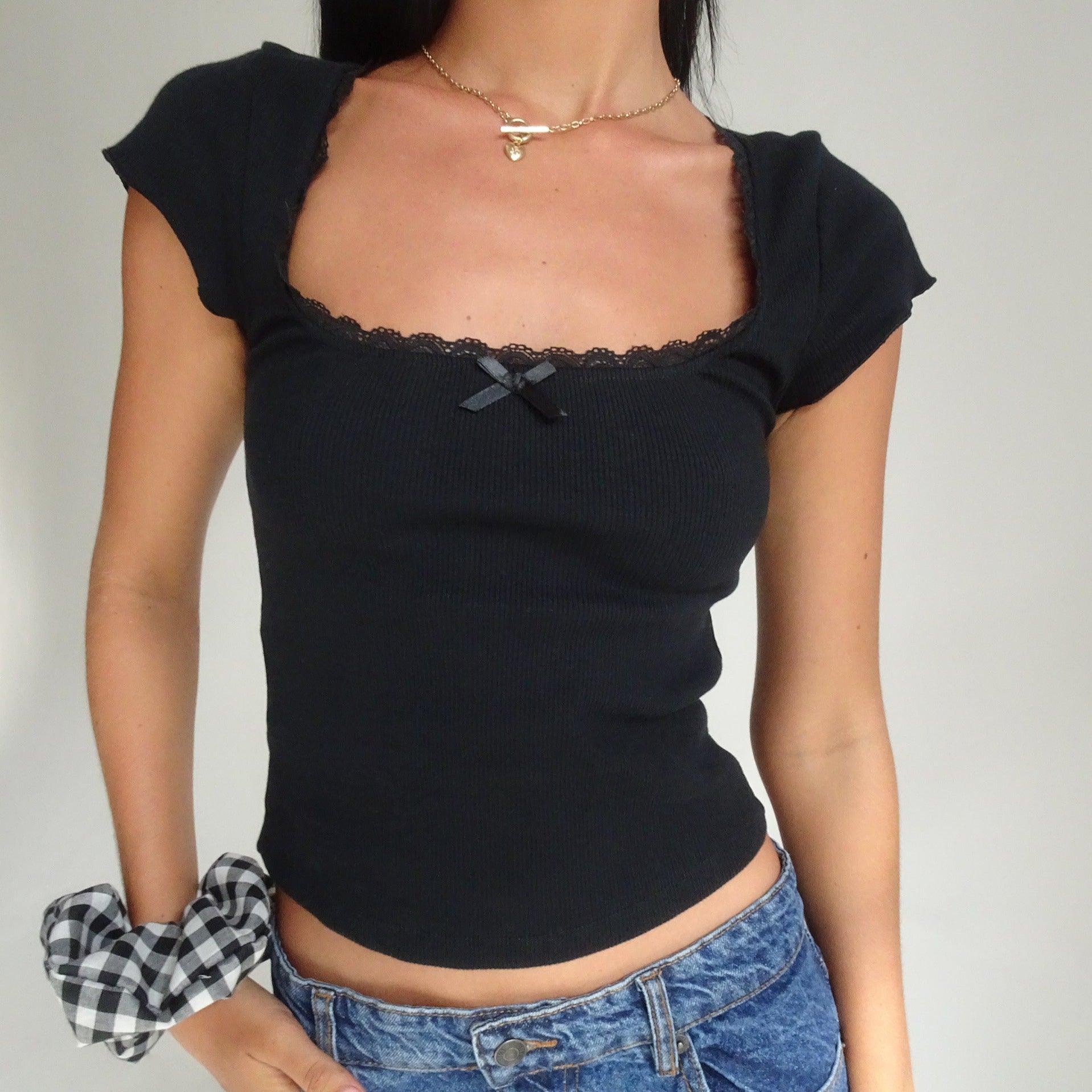 One And Only Lace Trim Ribbed Top - Black / S - Mermaid Way