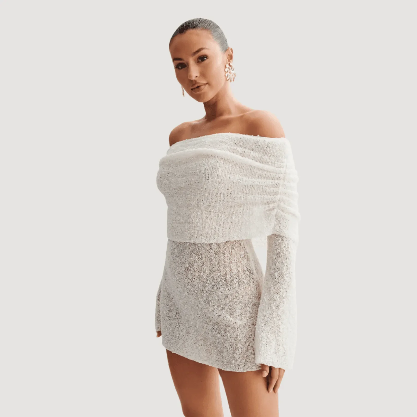 One Kiss Off Shoulder Boucle Mini Dress - White / S - Mermaid Way