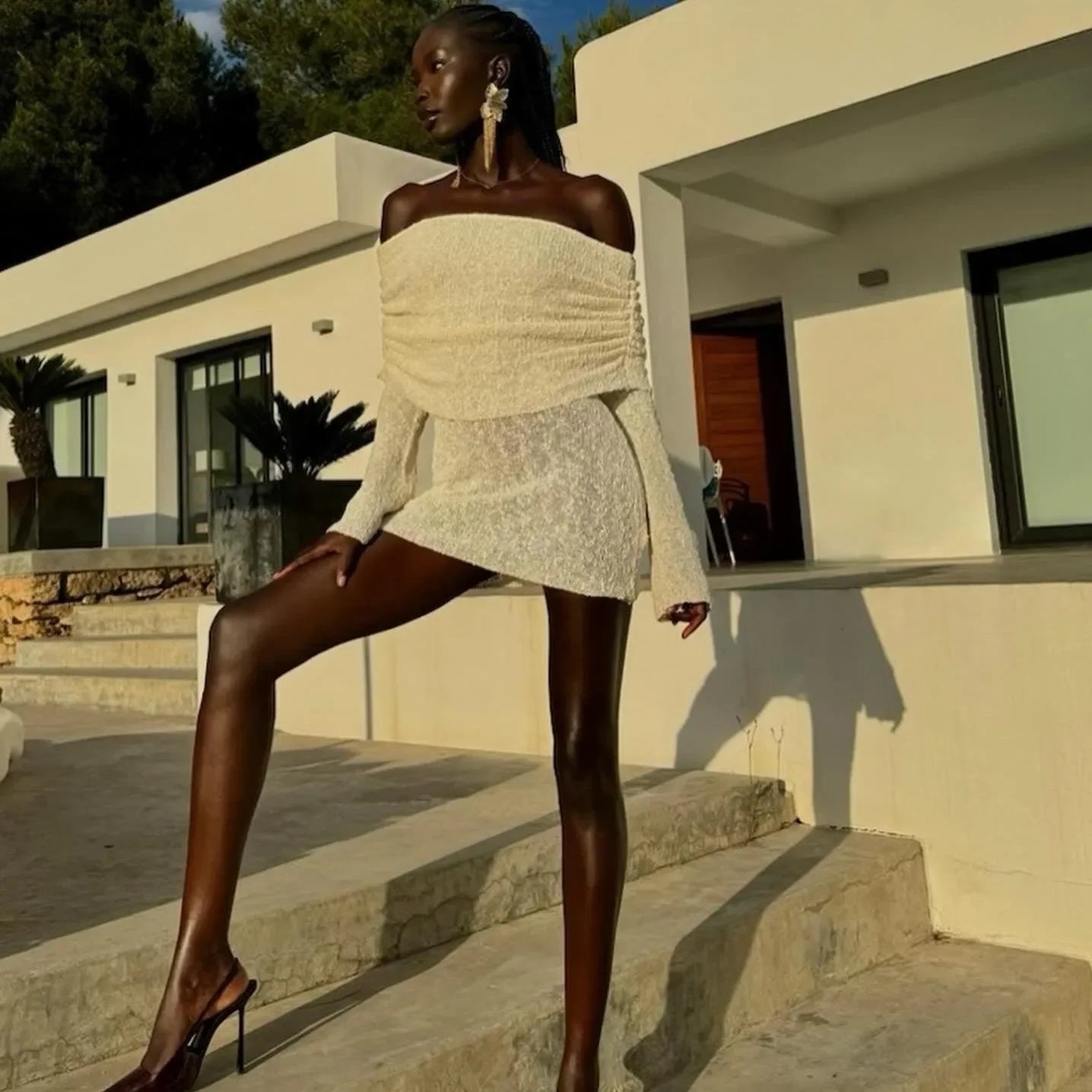 One Kiss Off Shoulder Boucle Mini Dress - White / S - Mermaid Way