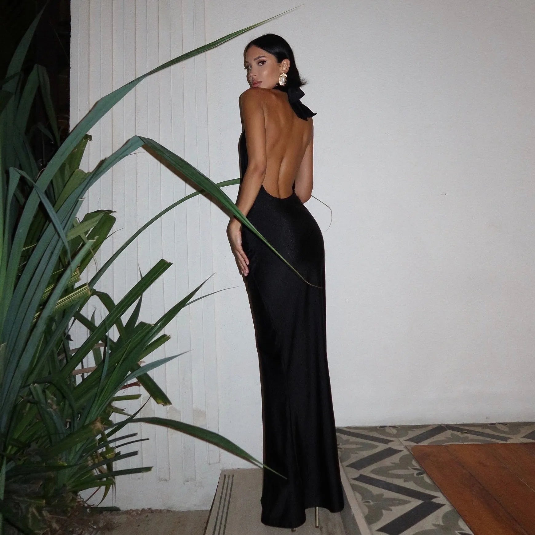 black backless satin maxi dress, evening wear