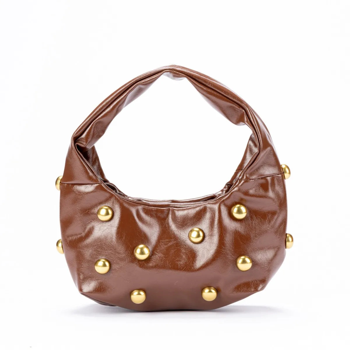 brown leather handbag with gold studs