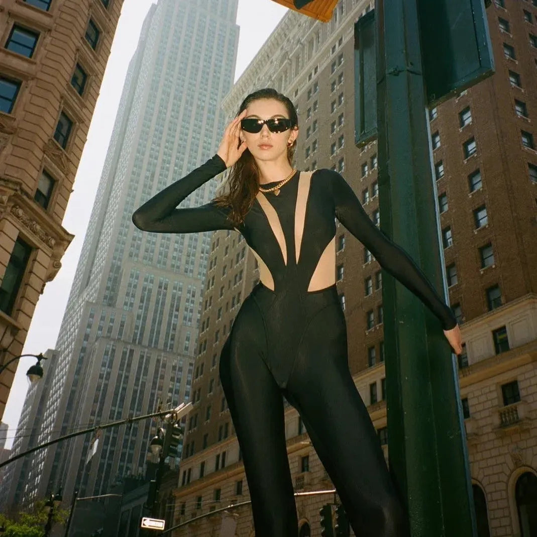 Black mesh cut-out bodysuit for a night-out look.