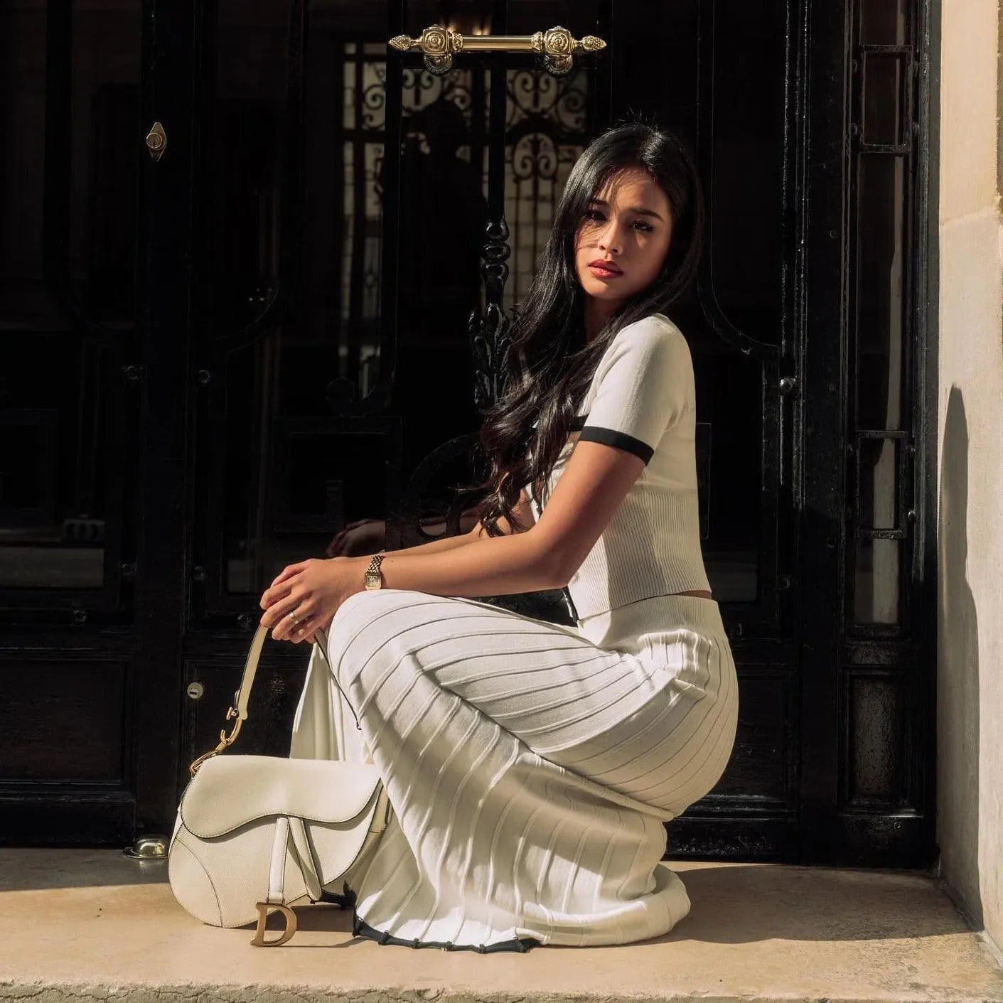 Paris Nights Contrast Knit Two Piece Set in Ivory