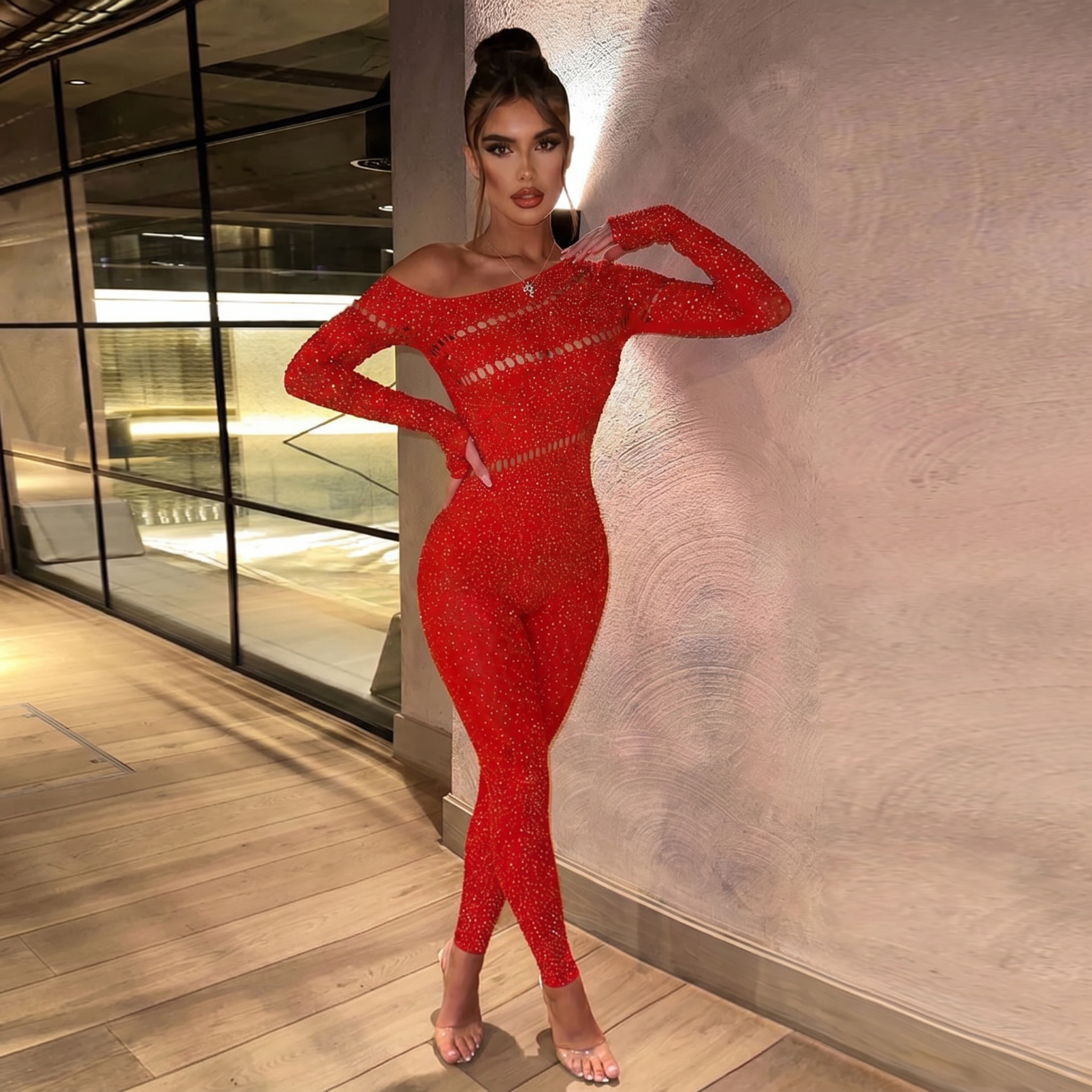 red rhinestone one-shoulder jumpsuit, party outfit