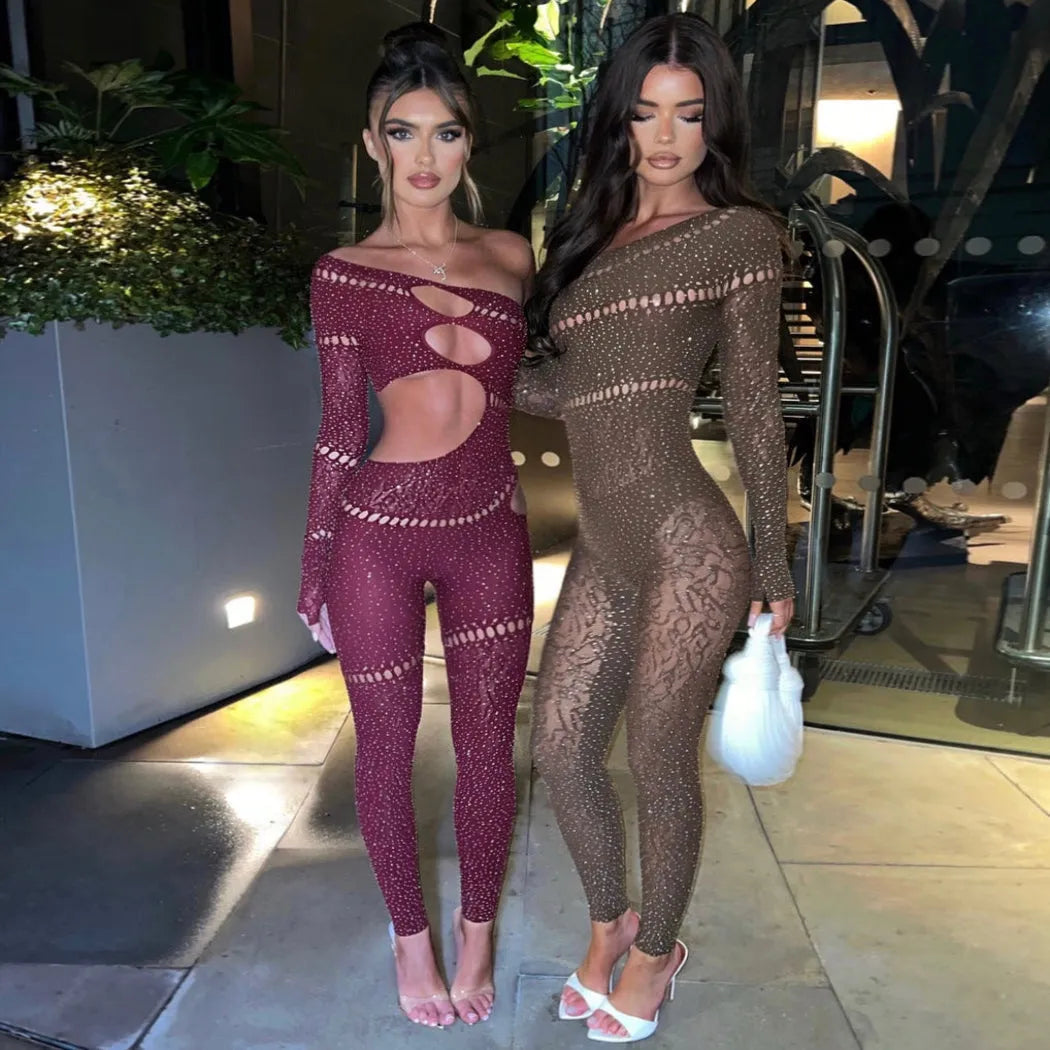cut-out rhinestone mesh jumpsuit, party outfit